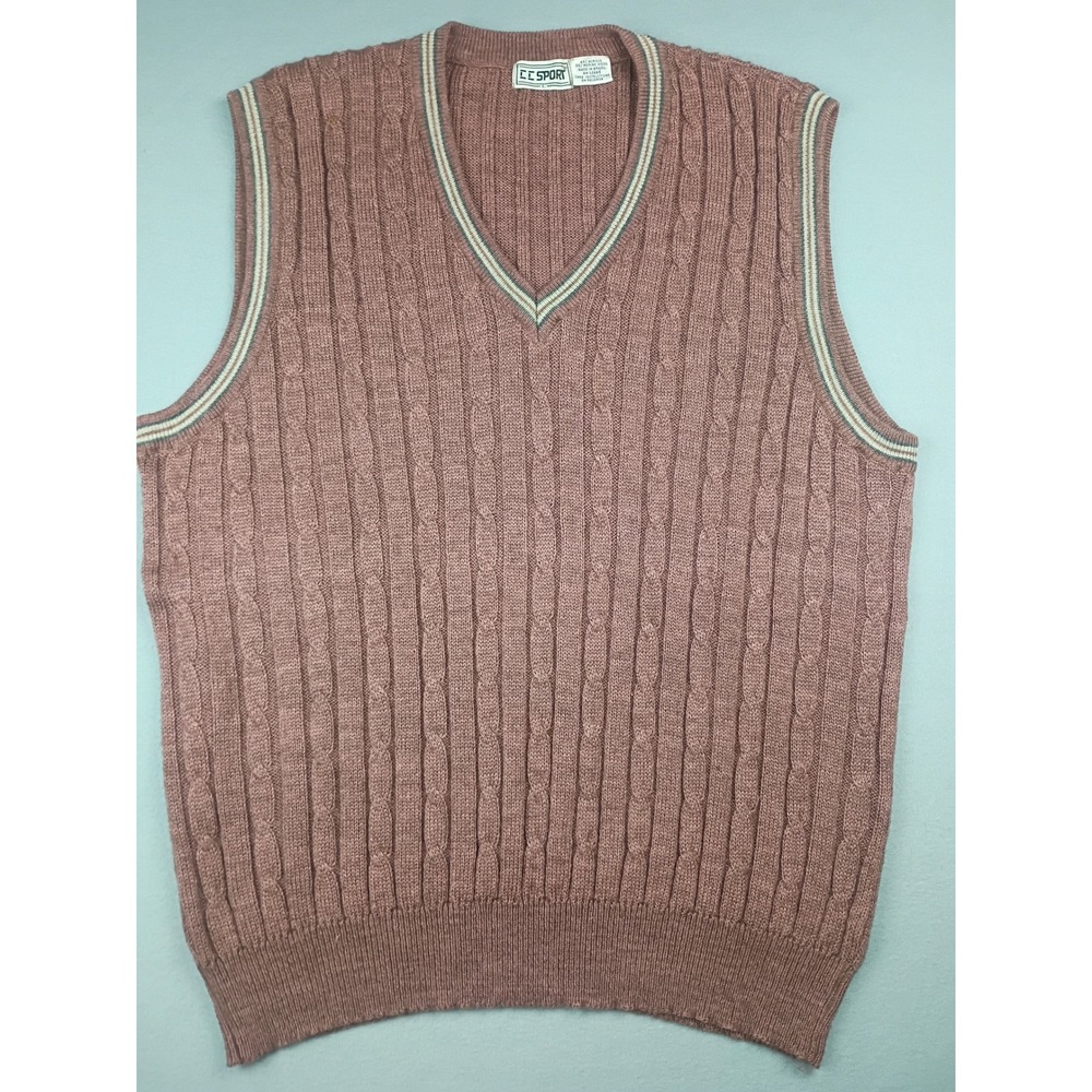 Vintage CC Sport Mens Large Cable Knit Sweater Vest Merino Wool Mauve V-Neck